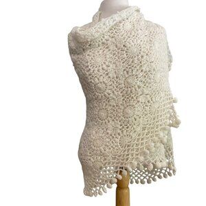 Handmade White Crochet knit Ruana Shawl Wrap With Floral Patterns & Pom-Pom Edge